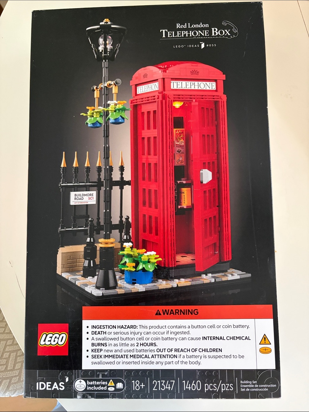 Lego Red Telephone Box with Black Lamppost and Green Floral Accents - 18+ a